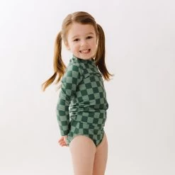 Mini Rash Guard Two-Piece Set, Green Check