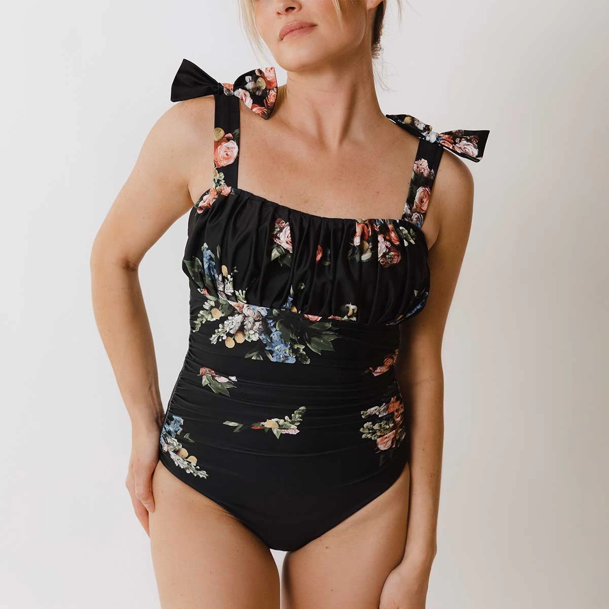 Ruched Bow One-Piece, Rose Black - Image 2