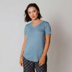 Basic V Neck Tee, Steel Blue