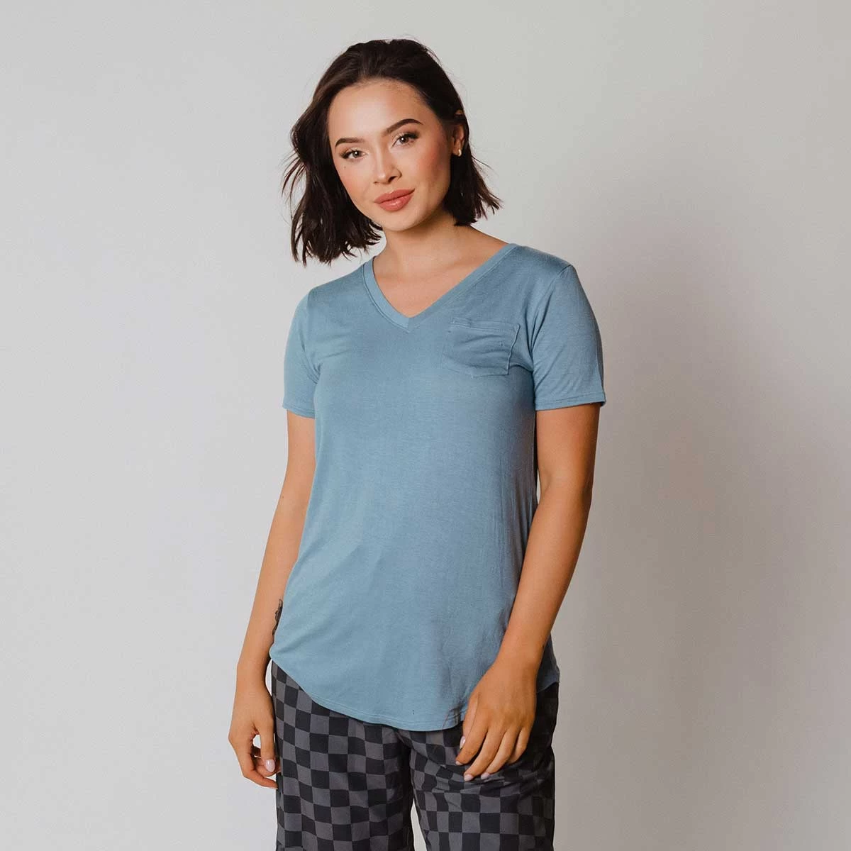 Basic V Neck Tee, Steel Blue
