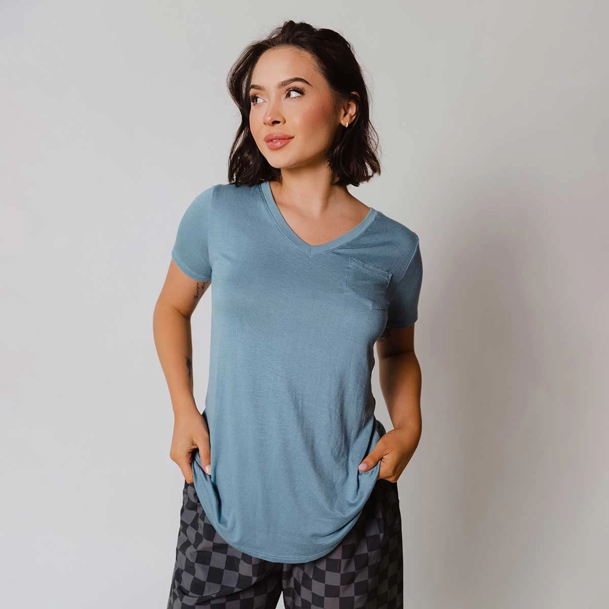 Basic V Neck Tee, Steel Blue - Image 2