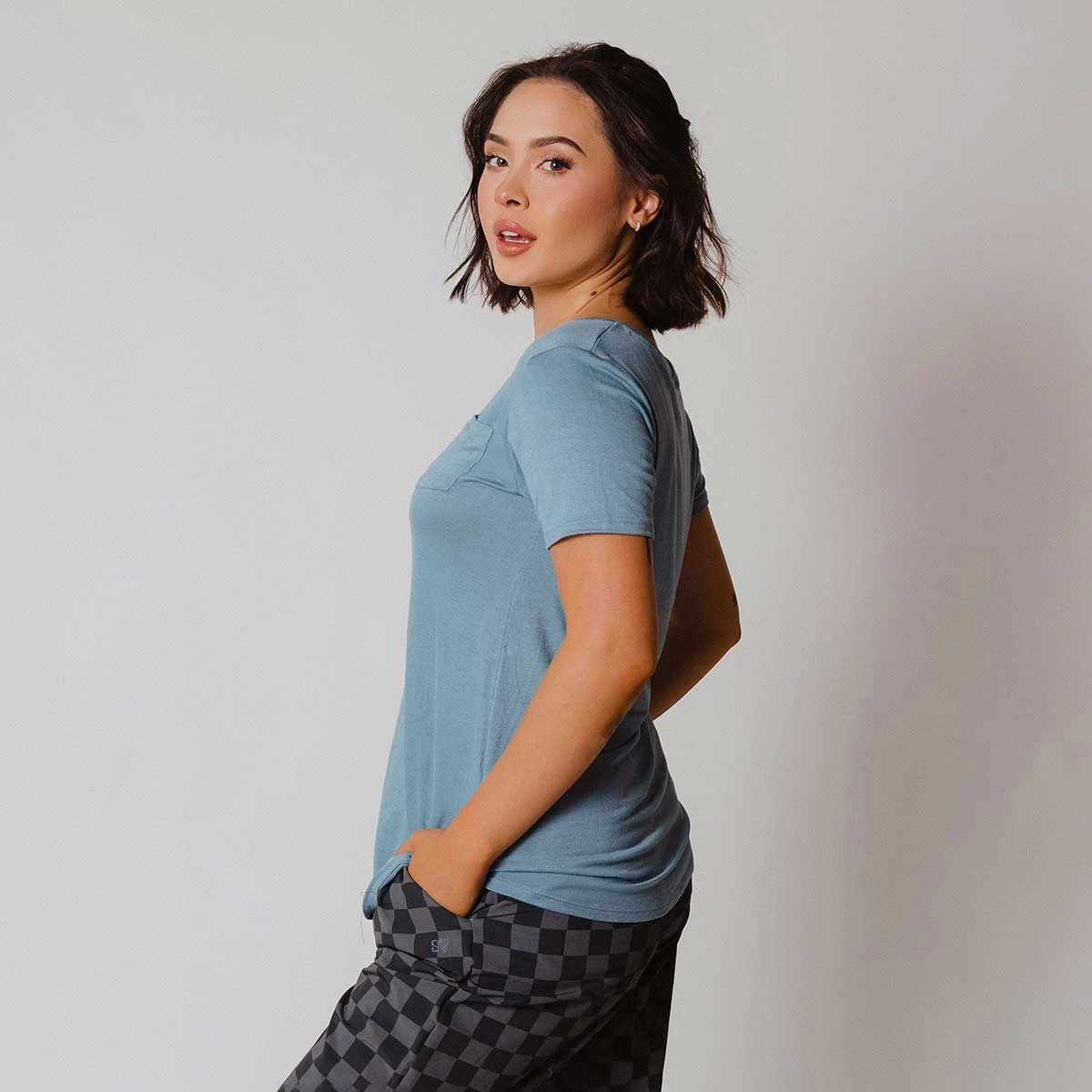 Basic V Neck Tee, Steel Blue - Image 3