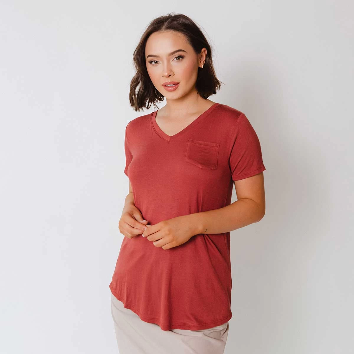 Basic V Neck Tee, Pale Brick