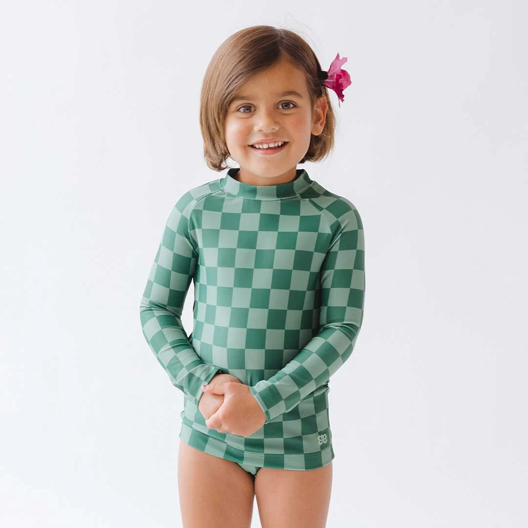 Mini Rash Guard And Shorts Set, Green Check - Image 6