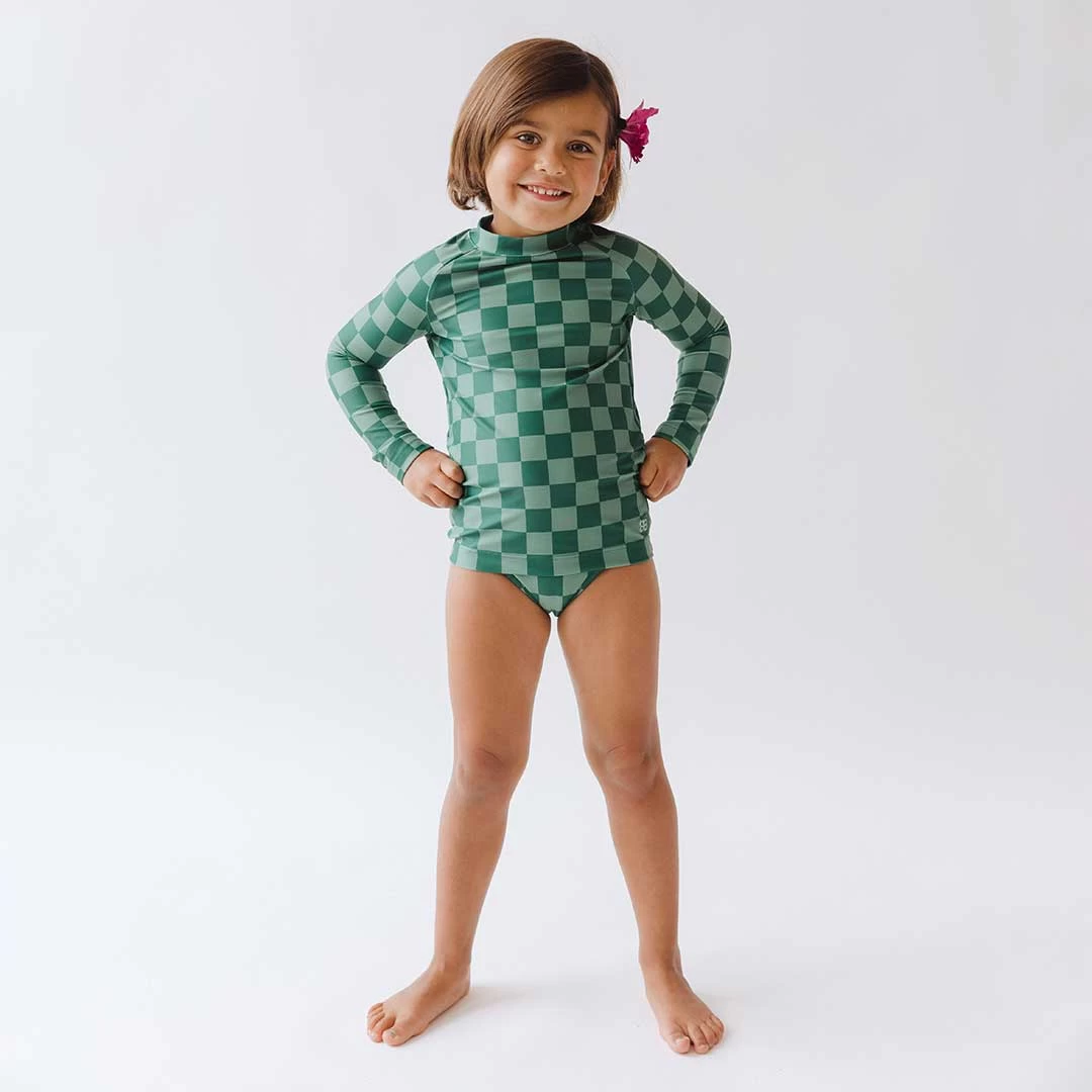 Mini Rash Guard And Shorts Set, Green Check - Image 7