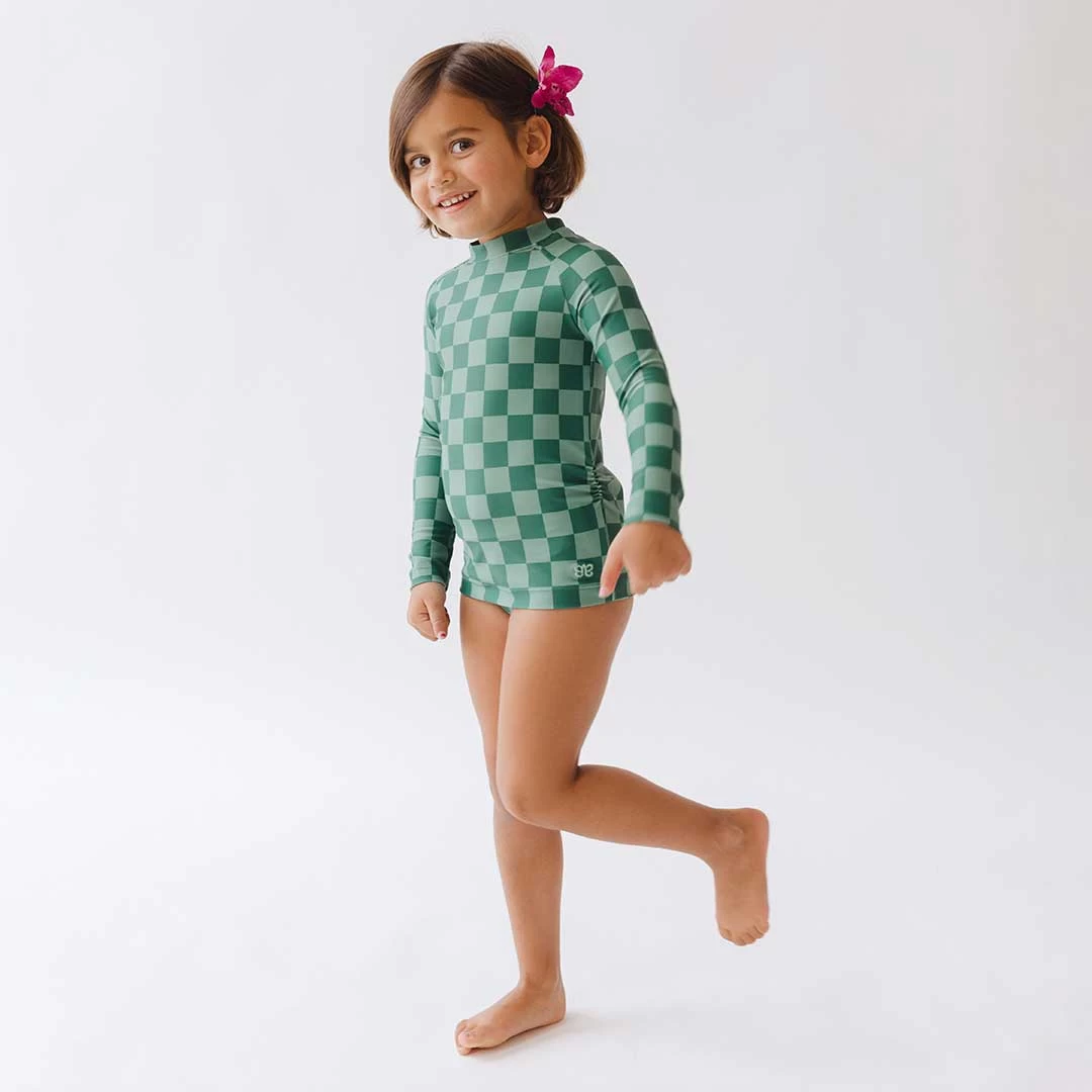 Mini Rash Guard And Shorts Set, Green Check - Image 9