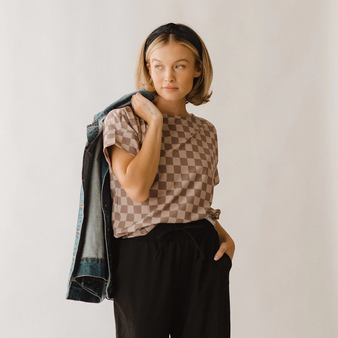 Boss Crop Tee, Brown Checkers - Image 4