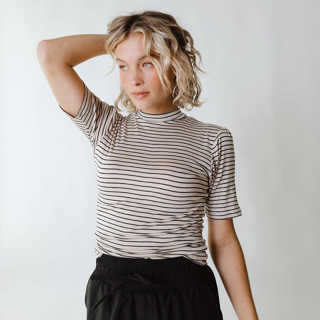 Puff Sleeve Tee, Stone And Black Stripe - Image 4