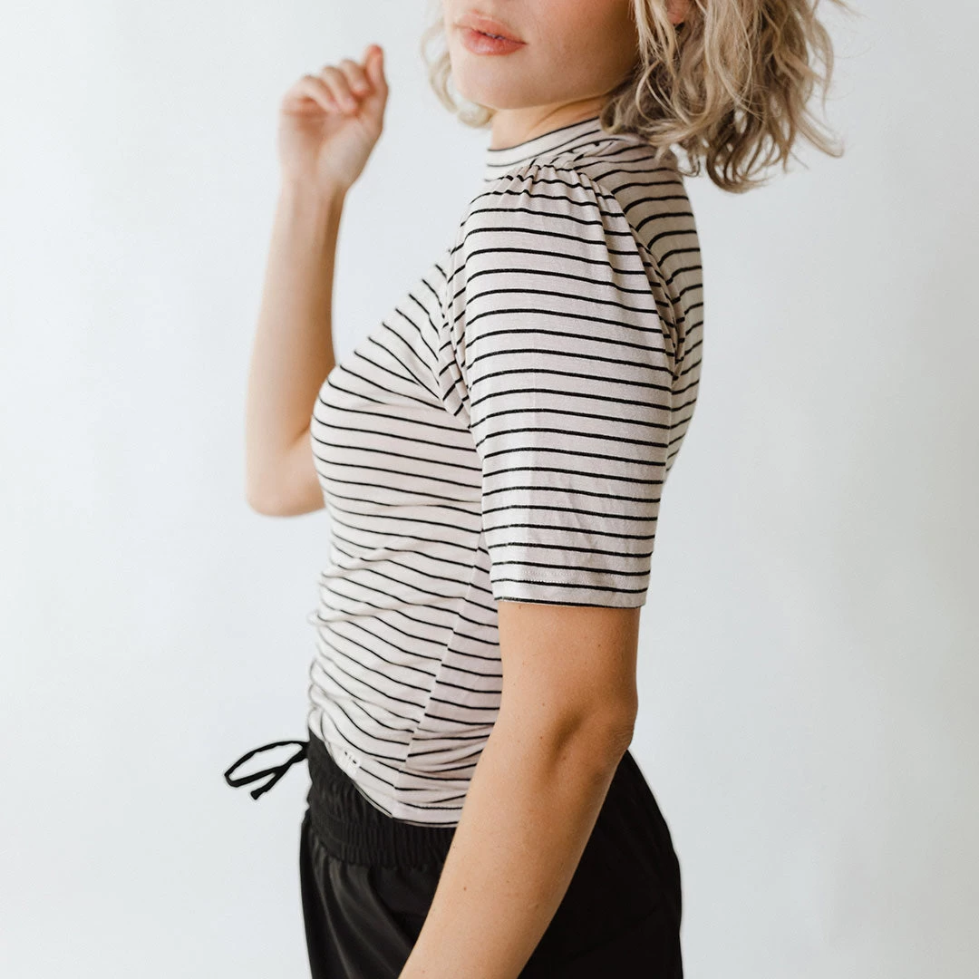 Puff Sleeve Tee, Stone And Black Stripe - Image 5