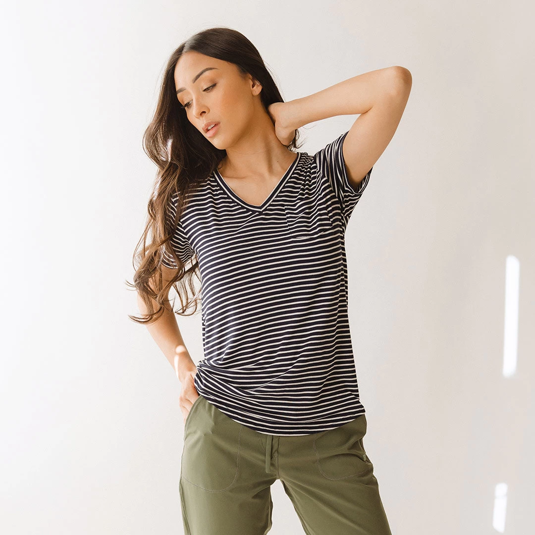 Basic V Neck Tee, Navy And White Stripe - Image 2