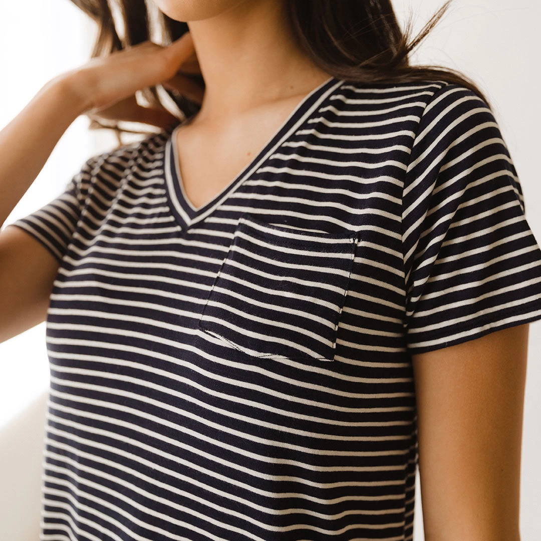Basic V Neck Tee, Navy And White Stripe - Image 3