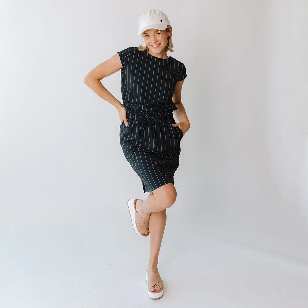 Navy Pinstripe Going Places Dress - Image 7