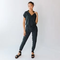 Navy Pinstripe Collar Jumpsuit