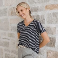 Basic V Neck Tee, Navy And White Stripe