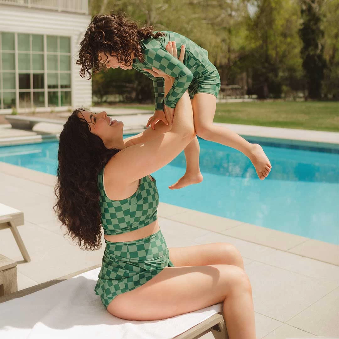 Mini Rash Guard And Shorts Set, Green Check - Image 10