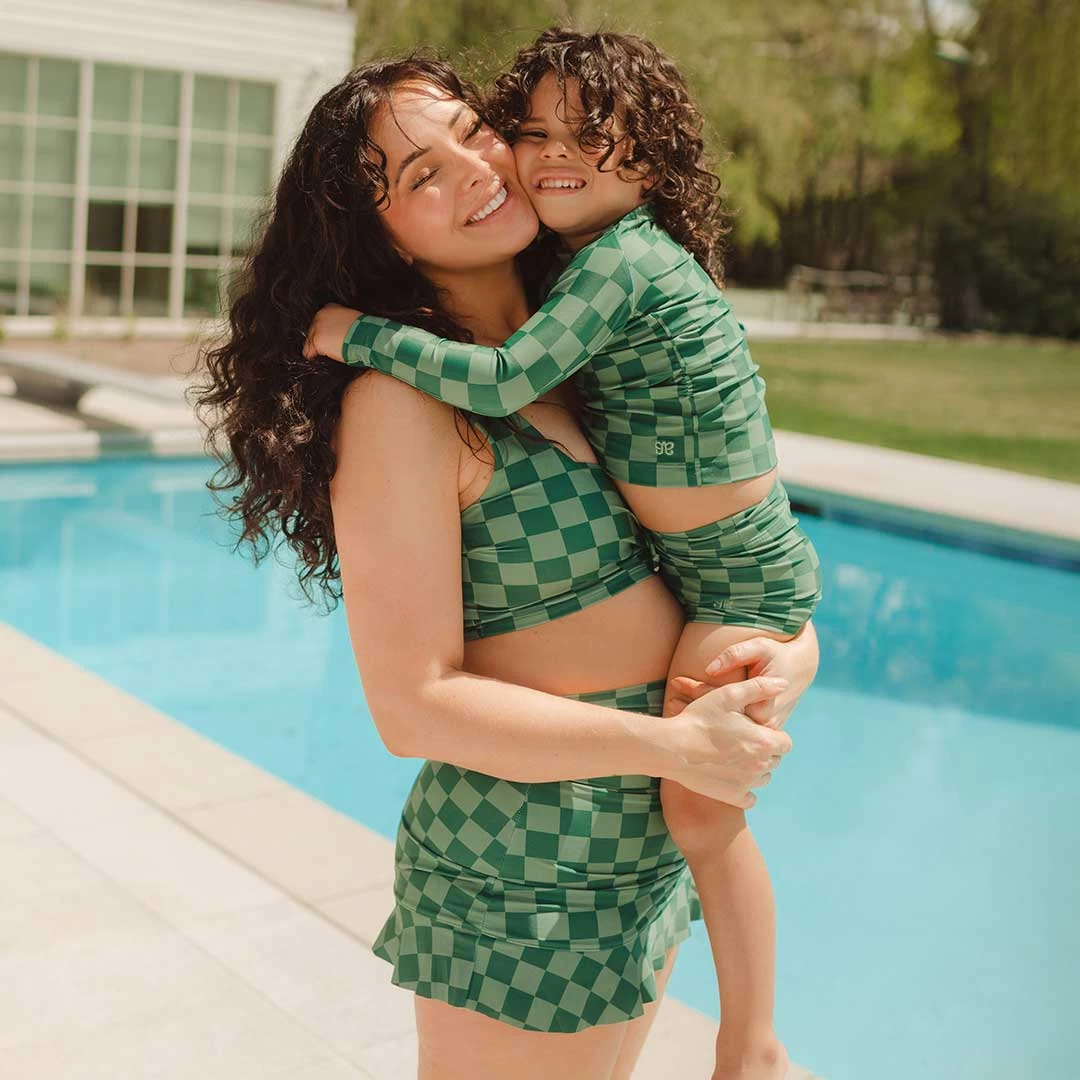 Mini Rash Guard And Shorts Set, Green Check - Image 11