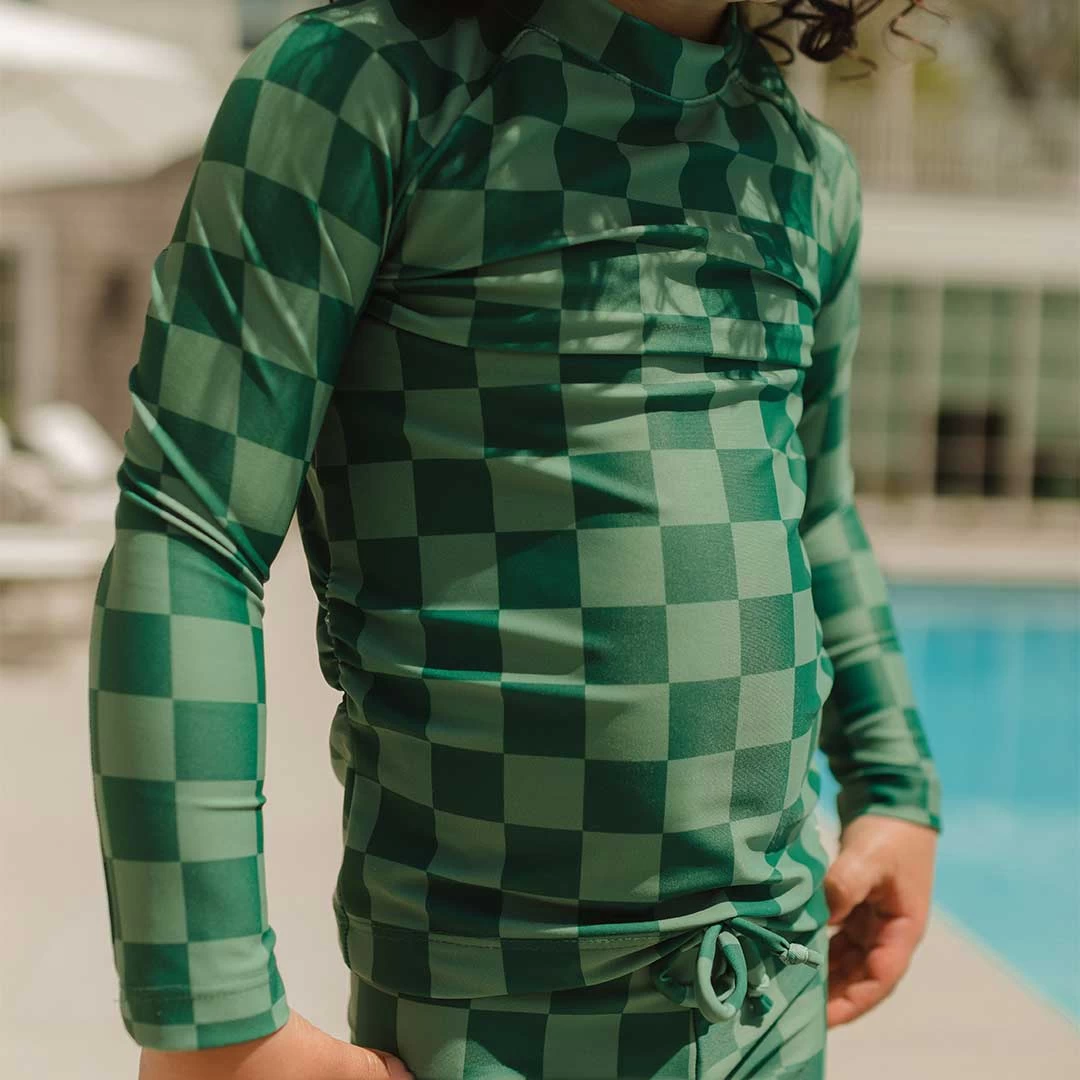 Mini Rash Guard And Shorts Set, Green Check - Image 4