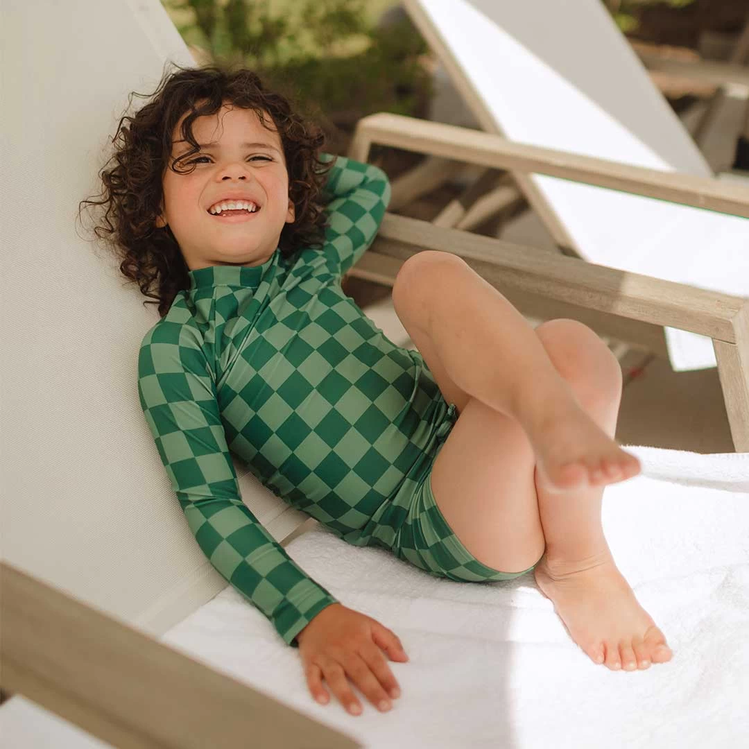 Mini Rash Guard And Shorts Set, Green Check - Image 3