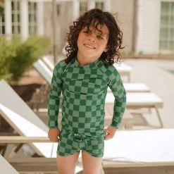 Mini Rash Guard And Shorts Set, Green Check