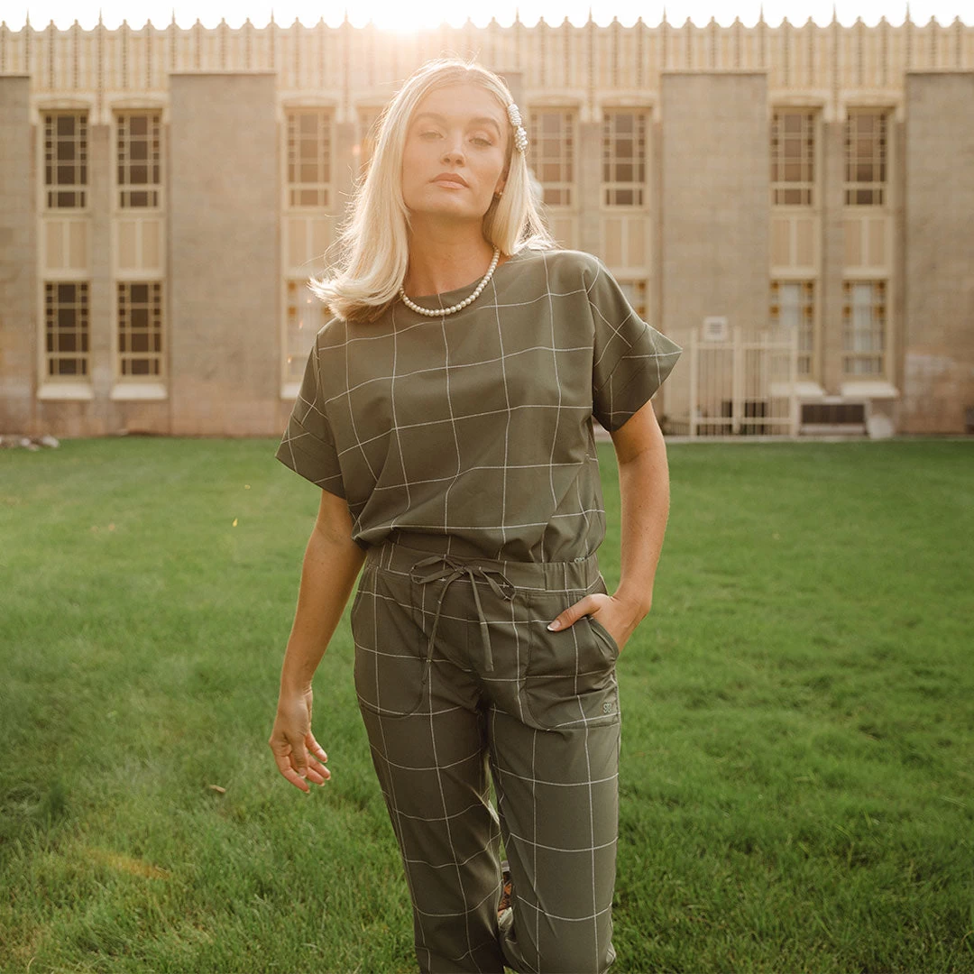 Boss Crop Tee, Sage Windowpane - Image 8