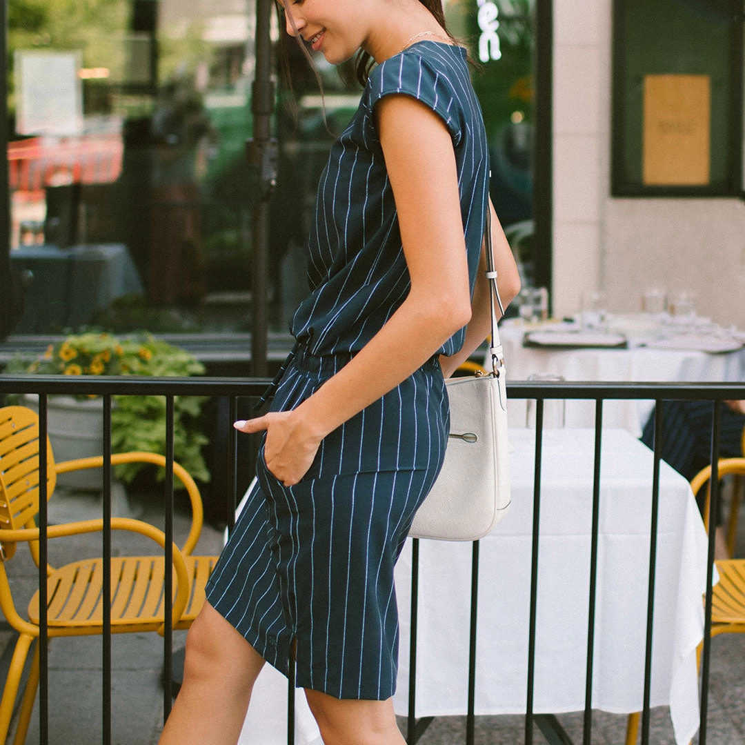 Navy Pinstripe Going Places Dress - Image 3