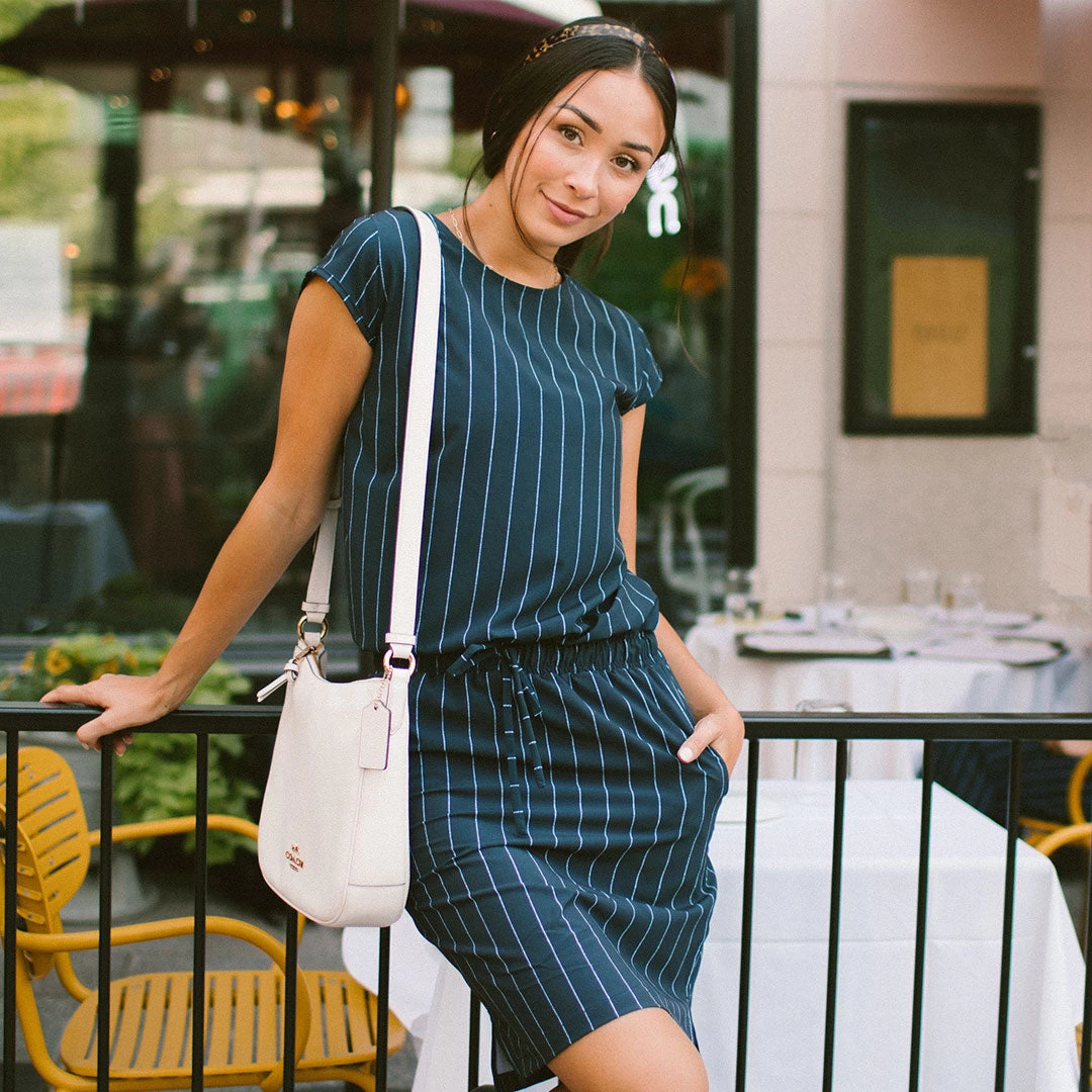 Navy Pinstripe Going Places Dress - Image 2