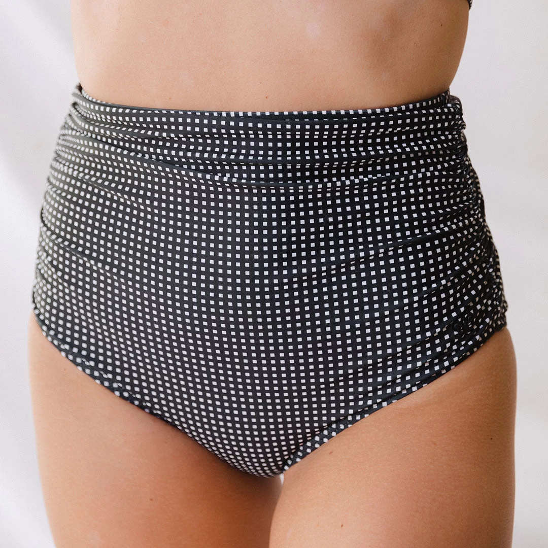 Black Checkers Ruched High-Waisted Bottoms - Image 2