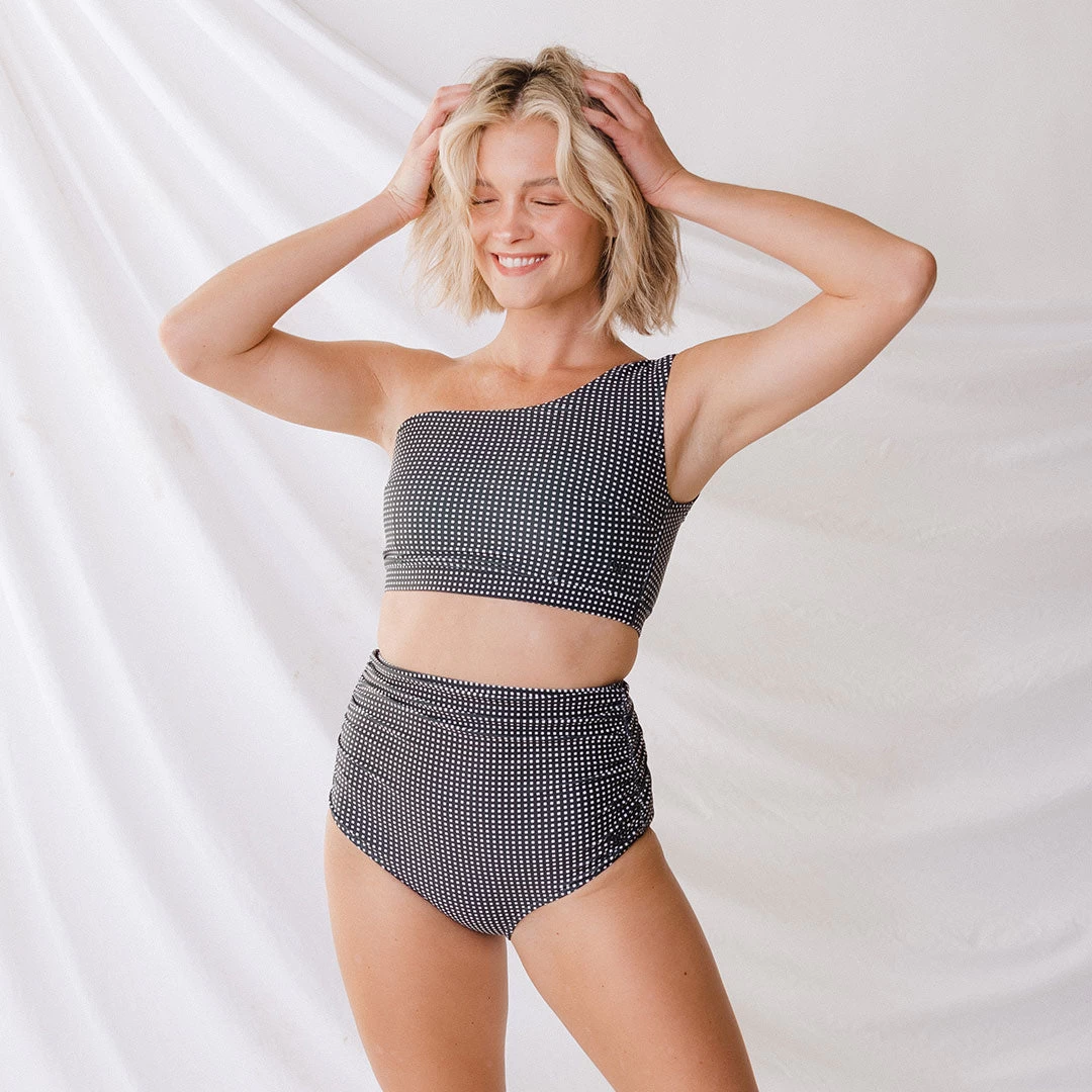 Black Checkers Ruched High-Waisted Bottoms - Image 4