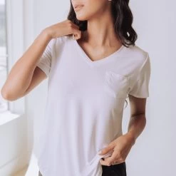 Basic V Neck Tee, Bamboo White